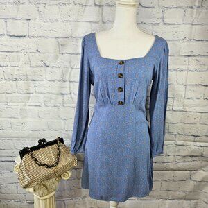 NWT American Eagle Size M Blue Floral Empire Tie Waist Long Sleeve Peasant Dress